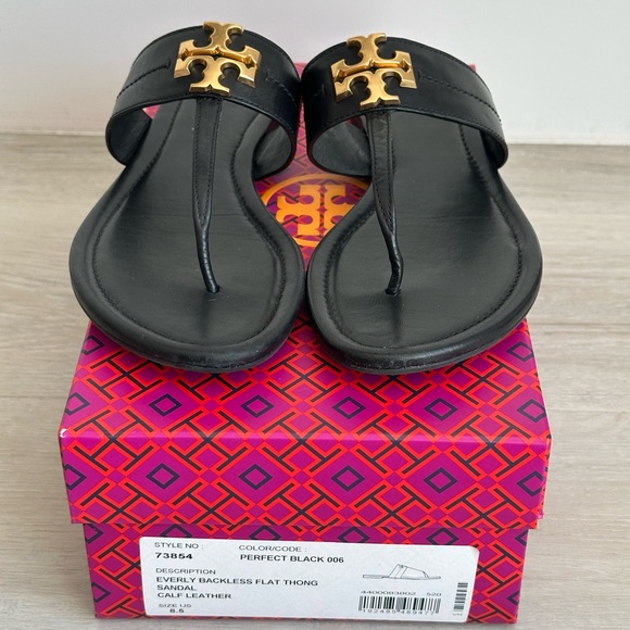 Tory Burch Shoes - Tory Burch Black Leather Miller Thong Sandals with Gold Logo